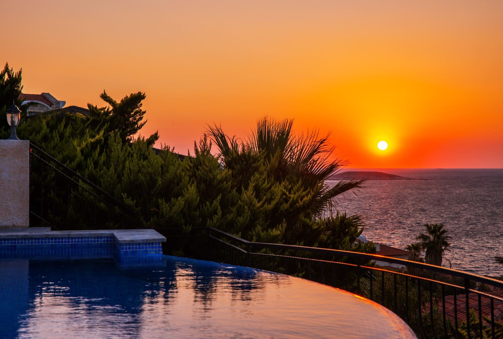 Aerial view of the private pool deck and the turquoise coast of Kaş