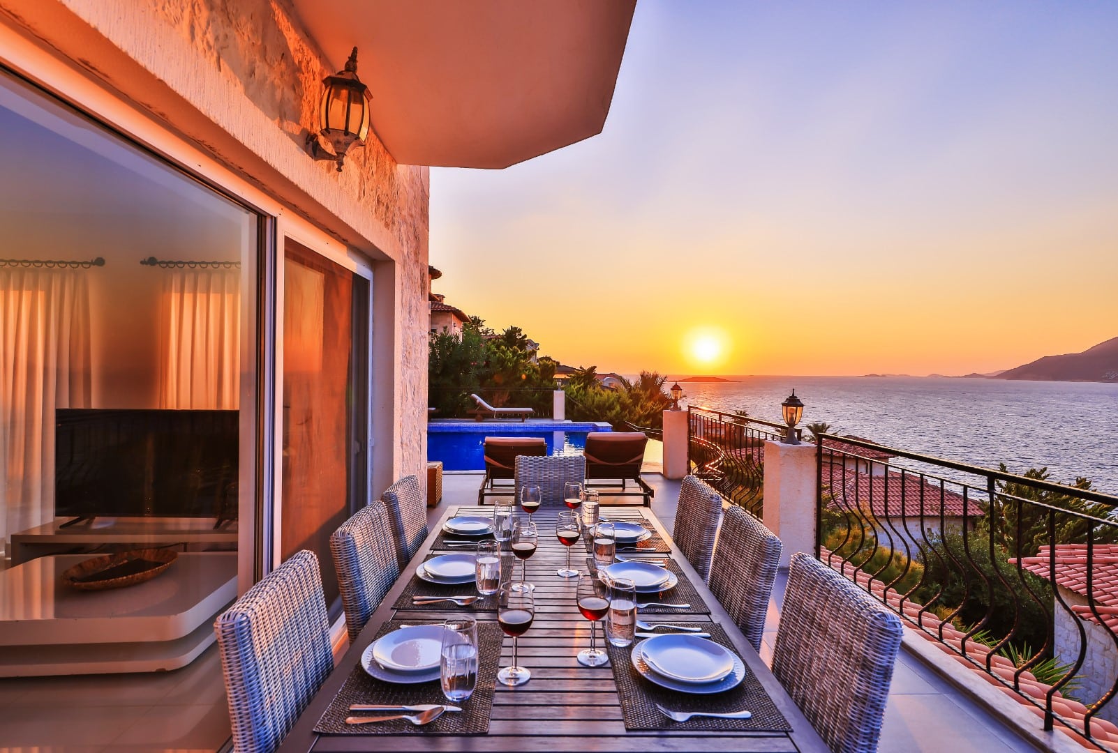 Magical sunset view over the Mediterranean Sea from the villa terrace